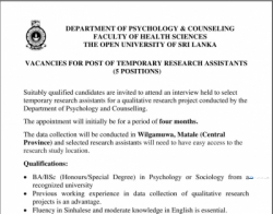 Temporary Research Assistant - The Open University of Sri Lanka Government Jobs